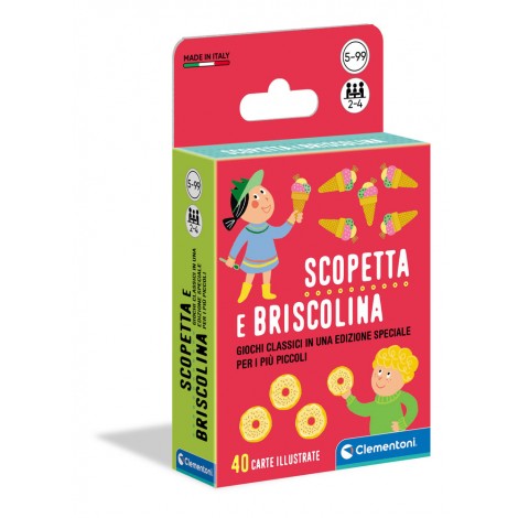 Le tradizionali carte da gioco "dei grandi" pensate appositamente per i bambini di eta` prescolare. Contiene 40 carte da gioco con numeri da 1 a 10 e simpatiche illustrazioni di personaggi e oggetti, per sfidarsi in giochi tradizionali come Scopa, Briscola e Camicia. Le regole di gioco sono state appositamente pensate e semplificate per adattarsi alle esigenze dei più piccoli.
