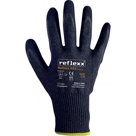 Guanto N22 II categoria, in maglia HPPE con proprietà antitaglio, più elastan e poliammide che lo rendono elastico e confortevole. Rivestimento del palmo in doppio bagno di nitrile che conferisce ottima presa ed elevata oleo/idro repellenza. EN 388:2016: 4X43C taglia XL