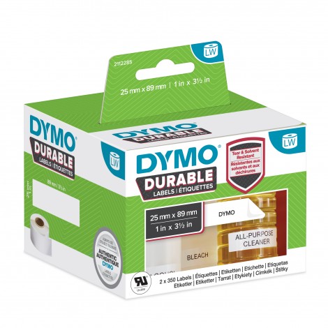 Rotolo 350 etichette adesive permanenti rivestite in plastica (25mmx89mm), resistono al distacco da abrasione, calore, umidità, solventi e detergenti, rendendole ideali per scaffalature, marcatori per pavimenti e stoccaggio di prodotti chimici.