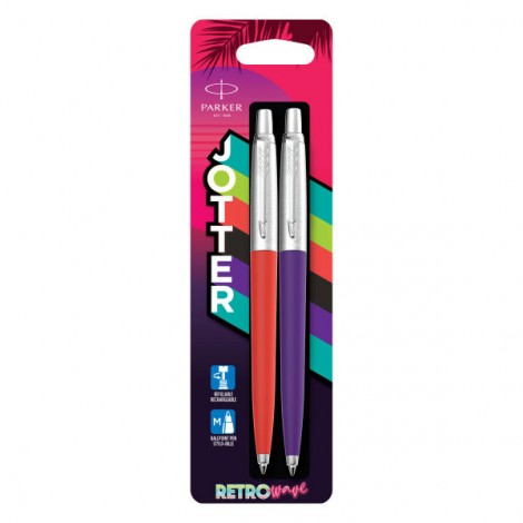 Jotter Original 80s Retrowave - Penna a sfera con fusto in plastica rosso vermiglio e viola indaco e dettagli cromati tratto 1mm colore blu - 2pz