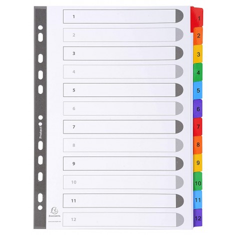 Exacompta Intercalari plastificati 12 tasti 1-12, col. assortiti - Divisore in cartoncino con foratura universale, dotato di pagina indice frontale e tasti colorati e numeri stampati in nero, formato A4, 160gr - 1pz