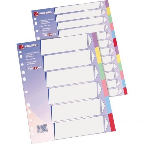 King Mec Divisori Manilla, 12 tasti - Divisori in cartoncino con foratura universale, dotato di pagina indice frontale prestampato e tasti colorati, formato A4 - 1pz