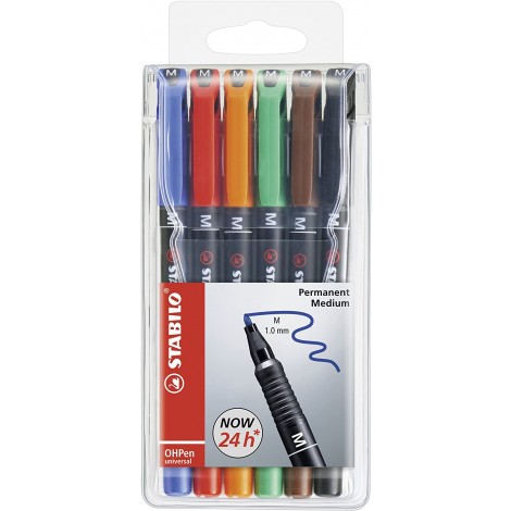 Stabilo OHPen – Pennarello per lucidi e superfici lisce, inchiostro permanente, punta media tratto 1mm colori assortiti - 6pz