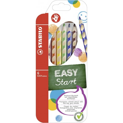 Stabilo Astuccio pastelli EASYCOLORS - Astuccio con 6 pastelli, fusto triangolare in legno, dotate di scanalature antiscivolo, sagomate per la mano destra, tratto 4,2mm, con temperino