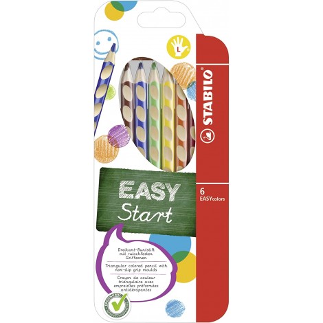 Stabilo Astuccio pastelli EASYCOLORS – Astuccio con 6 pastelli, fusto triangolare in legno, dotate di scanalature antiscivolo, sagomate per la mano sinistra, tratto 4,2mm, con temperino