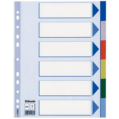 Esselte Separatori neutri PPL, 6 tasti - Divisori in PPL con foratura universale, pagina indice in cartoncino e tasti colorati, formato A4 - 1pz
