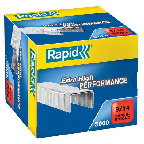 Rapid 9/14 Super strong - Punti per cucitrici - Scatola 5000 punti in filo metallico extra strong, lunghezza gamba 14mm per cucire fino a 110 fogli - 1pz