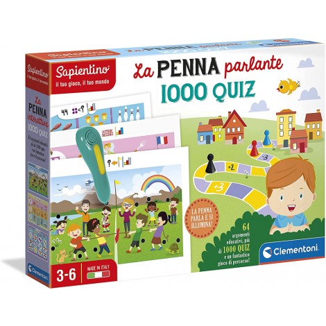 La penna parlante 1000 quiz - Un gioco educativo con 32 schede e 64 attività di gioco per apprendere lettere, parole, numeri, quantità, forme e colori. Oltre 1000 quiz per mettersi alla prova e sfdare gli amici nel gioco di percorso, per apprendere in maniera ancora più coinvolgente, divertente e stimolante. Il bambino apprende in tutta autonomia grazie alla penna parlante svela risposte che lo guida nel gioco.