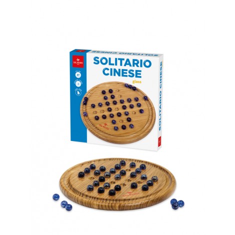 Solitario cinese - Il classico rompicapo cinese, con base in legno di pino e sfere in vetro blu.