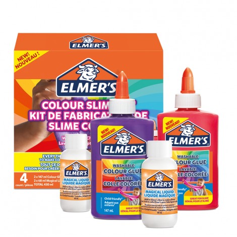 Kit per slime OPACO - Elmer`S Slim kit, contiene: 2 flaconi da 147ml di colla rosa e purple opaco, 2 flaconi di Magical Liquid da 68ml.