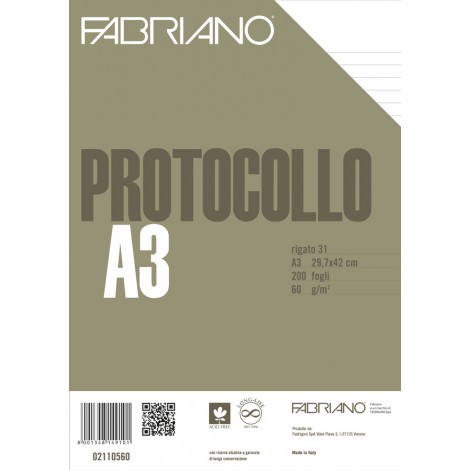 Fogli protocollo carta gr.60 quadretto 1R a righe 200 fogli A3