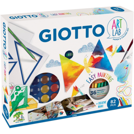 GIOTTO - Set super creativo EASY PAINTING per giocare con la carta e con i colori. Il set contiene un album Giotto Kids A4 200g 20fg, 36 Turbo Color, Acquerelli Mini 24 colori, una Matita Giotto HB, una maschera grafica "triangoli" e una guida creativa