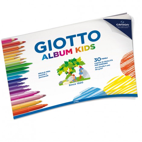 Album KIDS da disegno a grana fine, 30 fogli collati sul lato corto, formato A4, adatto a matite colorate, pennarelli, pastelli a olio e gessetti