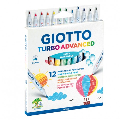Astuccio pennarelli TURBO ADVANCED - Astuccio con 12 pennarelli, inchiostro a base acqua, lavabile, super-resistenti, cappuccio ventilato tratto 2,8mm colori assortiti