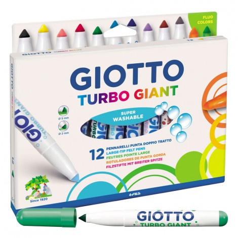 Astuccio pennarelli TURBO GIANT - Astuccio con 12 pennarelli, inchiostro a base acqua, lavabile, super-resistenti, cappuccio ventilato tratto 2-5mm colori assortiti
