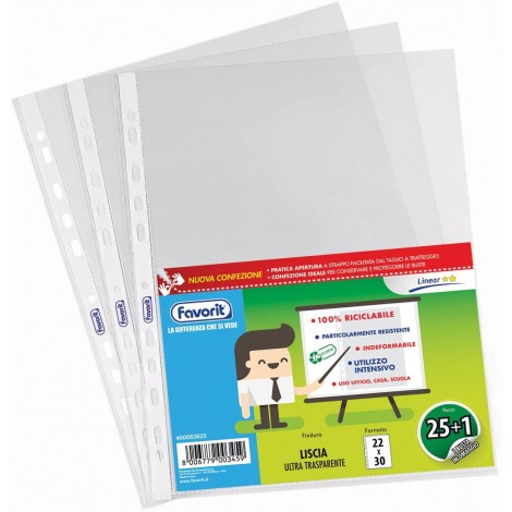 Favorit LINEAR - Buste forate - Buste in PPL forate, finitura liscia, formato utile 22x30cm, confezione da 26pz