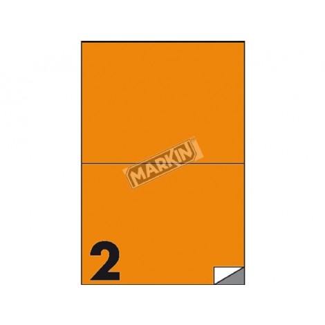 Etichette adesive in fogli A4 - Rettangolare - 200 etichette adesive permanenti senza margine (210mmx148,5mm), 78gr, 2 etichette per foglio colore arancione fluo - 100 fogli