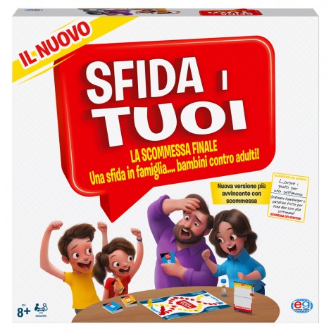 Sfida i tuoi - Bambini e genitori possono divertirsi insieme in un duello finale, con questa nuova edizione di Sfida i Tuoi. Un trivia con tante nuove domande e curiosità pensate appositamente per i bambini, con nuove sfide fisiche adatte a bambini, intraprendenti e la penitenza finale per la squadra che perde, da stabilire ad inizio partita. Contenuto 1 plancia di gioco, 2 segnalini, 1 mazzo di carte TRIVIA, 1 mazzo di carte Sfide, 1 clessidra, 1 lavagna, 1 pennarello.