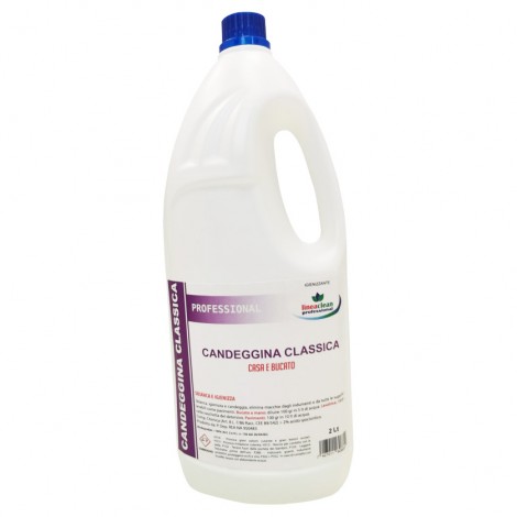 Candeggina professionale a base di ipoclorito, colore giallino, profumazione dolce e gradevole,da DILUIRE, elimina macchie da indumenti e da tutte le superfici lavabili, ideale per bucato a mano o in lavatrice 2lt