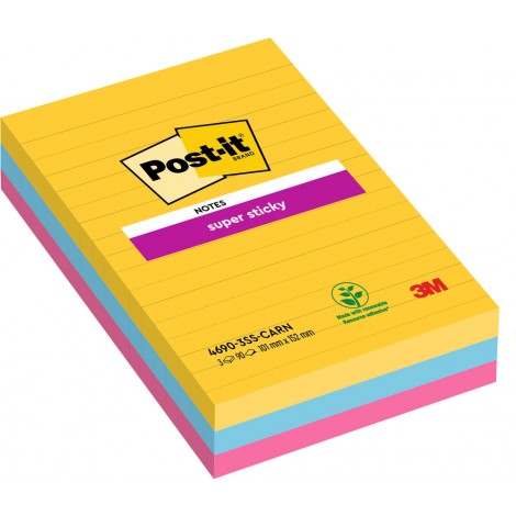 Foglietti post-it Super Sticky Grandi Formati 4690-3SS Carnival 101x152mm a righe (giallo sole, blu paradiso, verde lime, rosa power, arancio acceso) - 3pz