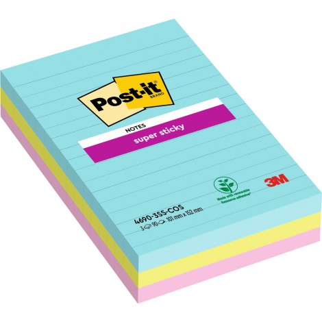 Foglietti post-it Super Sticky Grandi Formati 4690-3SS Cosmic 101x152mm righe (acqua, verde acido, rosa tropicale, rosa guava) - 3pz