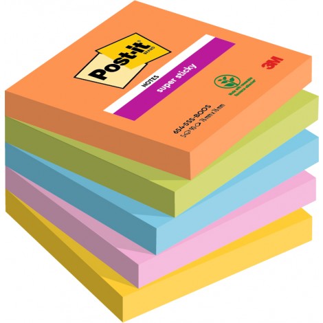 Foglietti post-it Super Sticky 622 Boost 76x127mm (arancio acceso, verde lime, blu paradiso, rosa tropicale, giallo sole) - 5pz