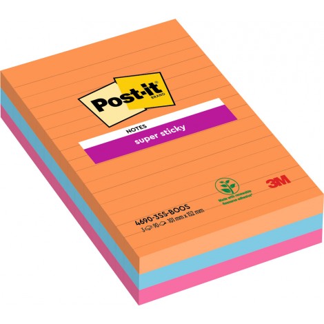 Foglietti post-it Super Sticky Grandi Formati 4690 Boost a righe (arancio acceso, verde lime, blu paradiso, rosa tropicale, giallo sole) - 3pz