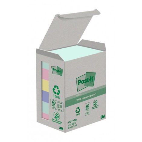 Foglietti post-it in carta ricliclata 653-1GB 38x51mm Nature (rosa fenicottero, rosa sale, verde menta fresca, blu pietra di luna, giallo canary) - 6pz