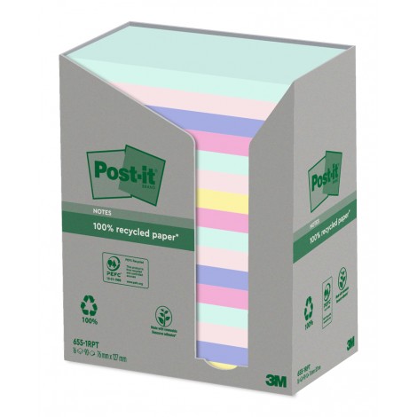 Foglietti post-it in carta ricliclata 655-1RPT 76x127mm Nature (rosa fenicottero, rosa sale, verde menta fresca, blu pietra di luna, giallo canary) - 16pz