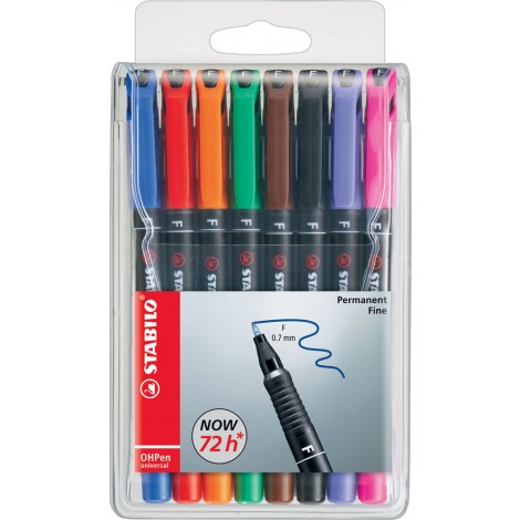 Stabilo OHPen – Pennarello per lucidi e superfici lisce, inchiostro permanente, punta fine tratto 0,7mm colori assortiti - 8pz