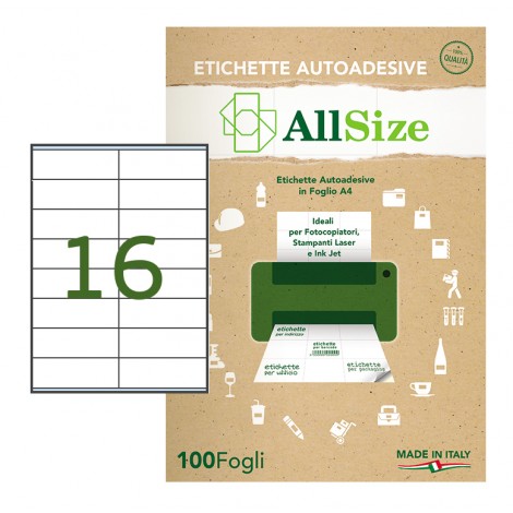 Rotolificio Pugliese Etichette adesive in fogli A4 – Etichette adesive bianche permanenti con margini (105x36mm), 16 etichetta per foglio - 100 fogli