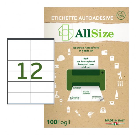 Rotolificio Pugliese Etichette adesive in fogli A4 – Etichette adesive bianche permanenti con margini (105x48mm), 12 etichetta per foglio - 100 fogli