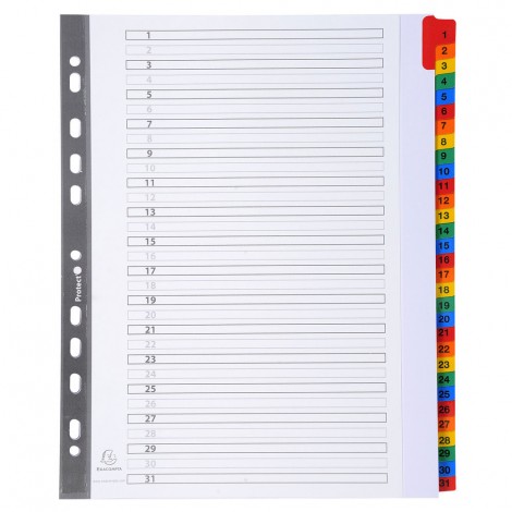 Exacompta Intercalari plastificati 31 tasti 1-31, col. assortiti – Divisore in cartoncino con foratura universale, dotato di pagina indice frontale e tasti colorati e numeri stampati in nero, formato A4 MAXI, 160gr - 1pz