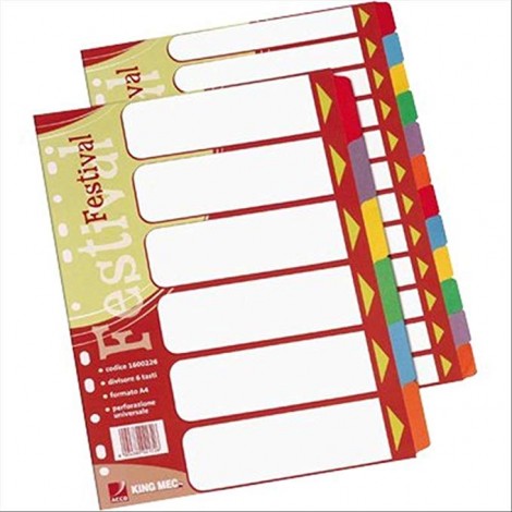 King Mec Separatori Festival, 6 tasti - Divisori in cartoncino con foratura universale, dotato di pagina indice frontale prestampato e tasti colorati, formato A4, 240gr - 1pz